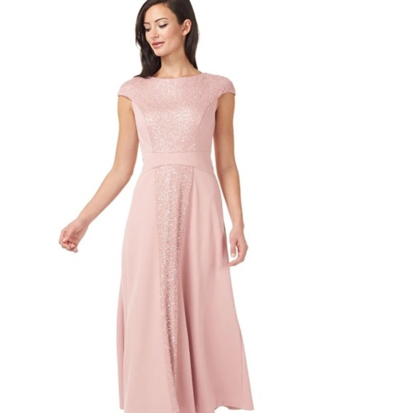 JS Collection Sequin & Crepe Midi Flare Dress in Blush Pink - Picture 9 of 10